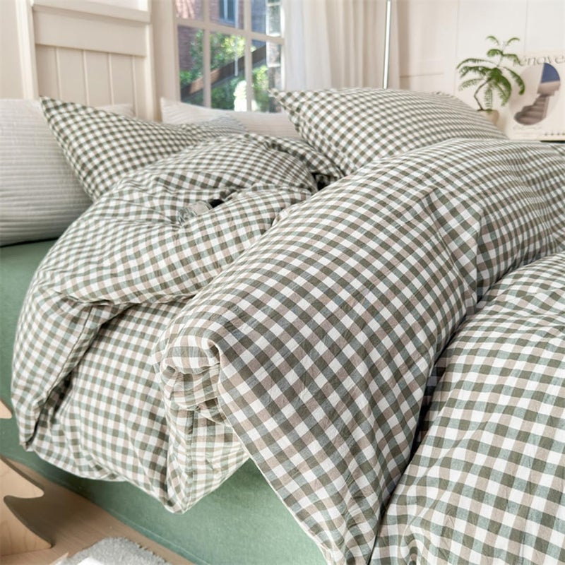 Mucalis Green Gingham Duvet Cover King 100% Washed Cotton Checked Duvet Cover Set Modern Plaid 3 Piece Grid Bedding Set with Zipper Closure Corner Ties Durable Breathable Easy Care - Image 3